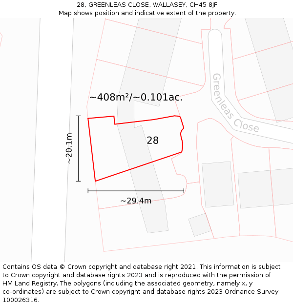 28, GREENLEAS CLOSE, WALLASEY, CH45 8JF: Plot and title map