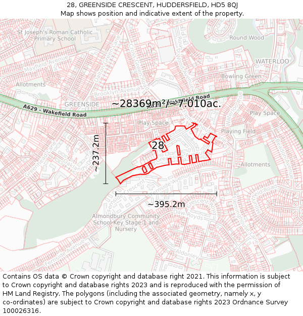 28, GREENSIDE CRESCENT, HUDDERSFIELD, HD5 8QJ: Plot and title map