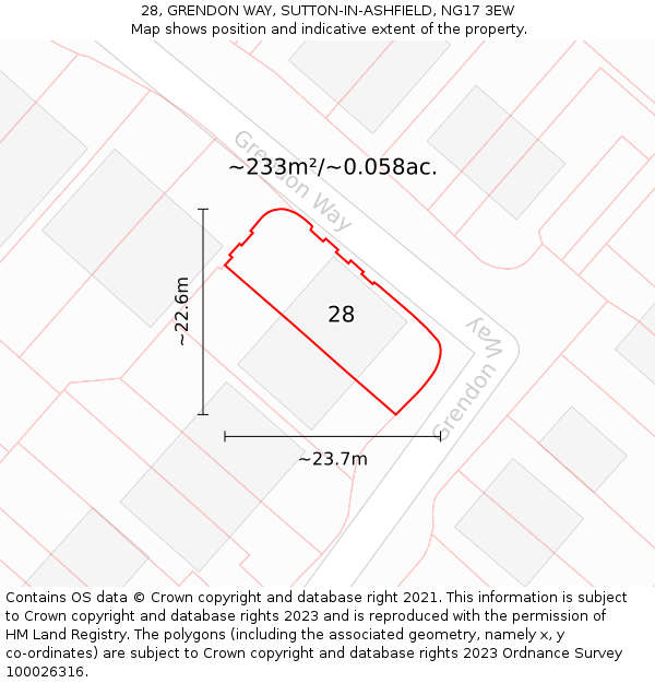 28, GRENDON WAY, SUTTON-IN-ASHFIELD, NG17 3EW: Plot and title map