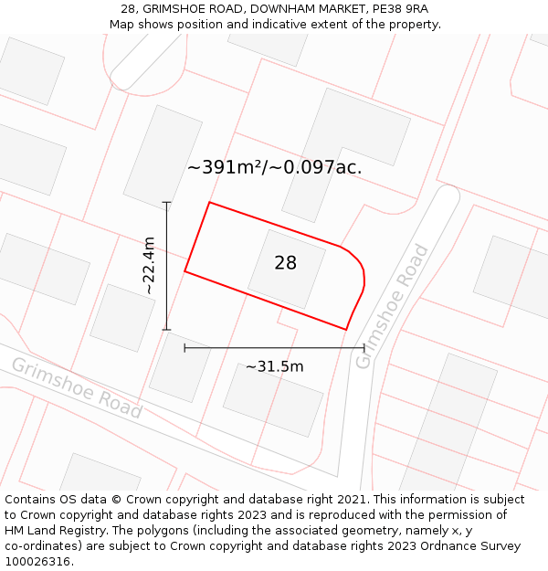 28, GRIMSHOE ROAD, DOWNHAM MARKET, PE38 9RA: Plot and title map