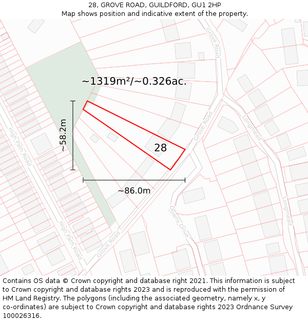 28, GROVE ROAD, GUILDFORD, GU1 2HP: Plot and title map