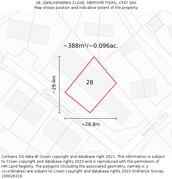 28, GWAUNFARREN CLOSE, MERTHYR TYDFIL, CF47 9AX: Plot and title map