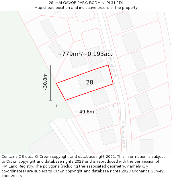 28, HALGAVOR PARK, BODMIN, PL31 1DL: Plot and title map