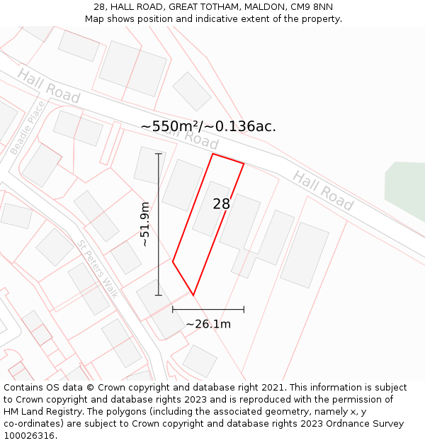 28, HALL ROAD, GREAT TOTHAM, MALDON, CM9 8NN: Plot and title map