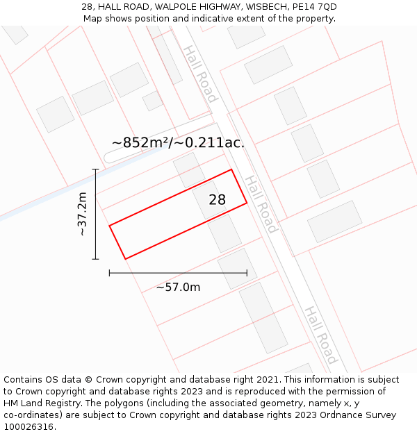 28, HALL ROAD, WALPOLE HIGHWAY, WISBECH, PE14 7QD: Plot and title map