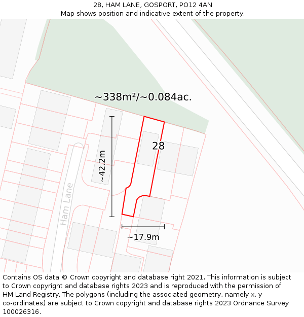 28, HAM LANE, GOSPORT, PO12 4AN: Plot and title map