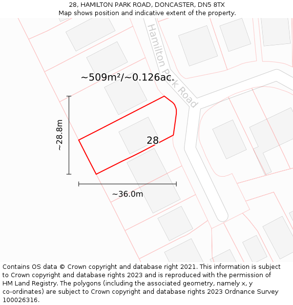 28, HAMILTON PARK ROAD, DONCASTER, DN5 8TX: Plot and title map