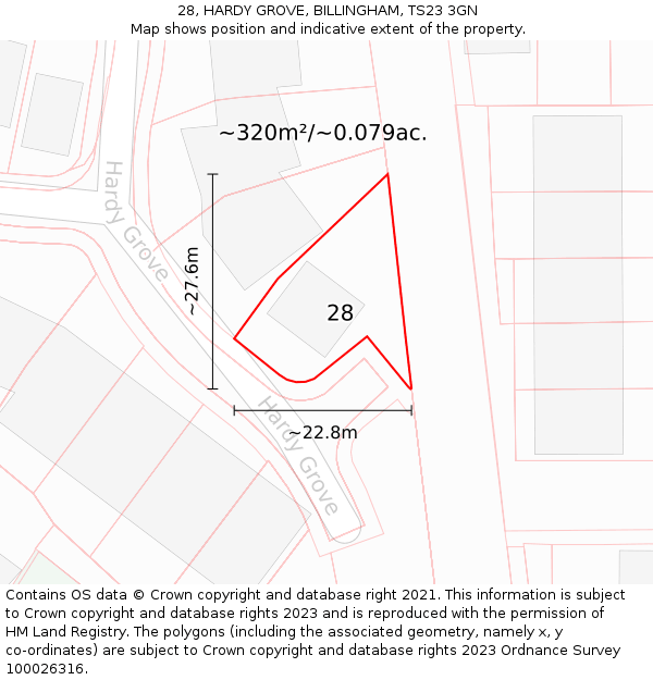 28, HARDY GROVE, BILLINGHAM, TS23 3GN: Plot and title map