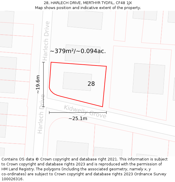 28, HARLECH DRIVE, MERTHYR TYDFIL, CF48 1JX: Plot and title map