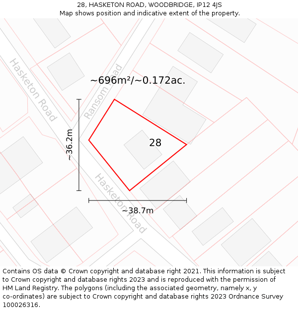 28, HASKETON ROAD, WOODBRIDGE, IP12 4JS: Plot and title map