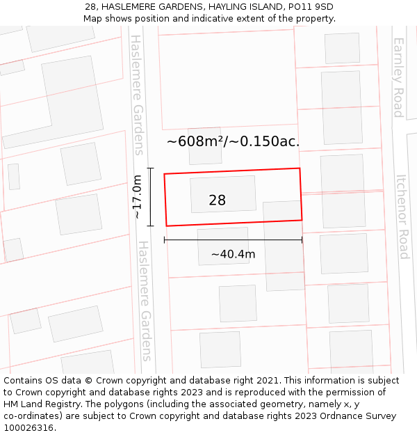 28, HASLEMERE GARDENS, HAYLING ISLAND, PO11 9SD: Plot and title map