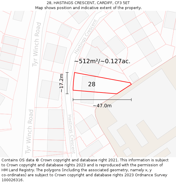 28, HASTINGS CRESCENT, CARDIFF, CF3 5ET: Plot and title map