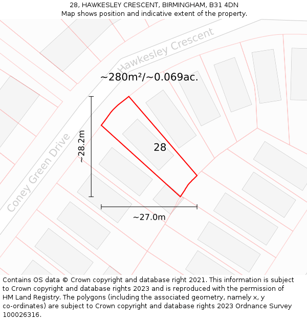 28, HAWKESLEY CRESCENT, BIRMINGHAM, B31 4DN: Plot and title map