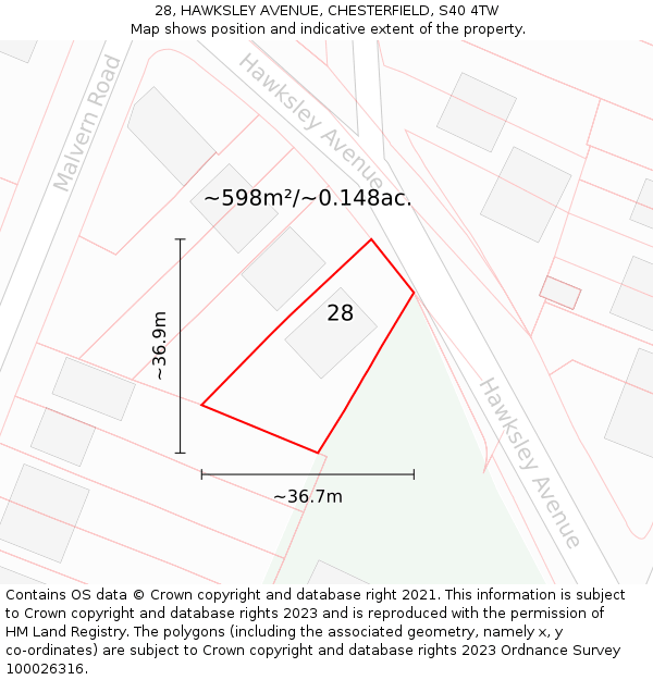 28, HAWKSLEY AVENUE, CHESTERFIELD, S40 4TW: Plot and title map