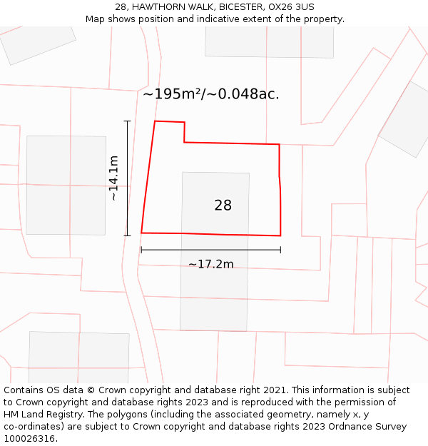 28, HAWTHORN WALK, BICESTER, OX26 3US: Plot and title map