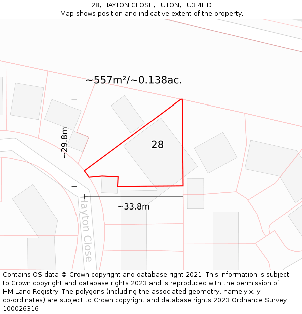 28, HAYTON CLOSE, LUTON, LU3 4HD: Plot and title map