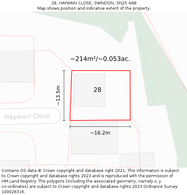 28, HAYWAIN CLOSE, SWINDON, SN25 4AB: Plot and title map