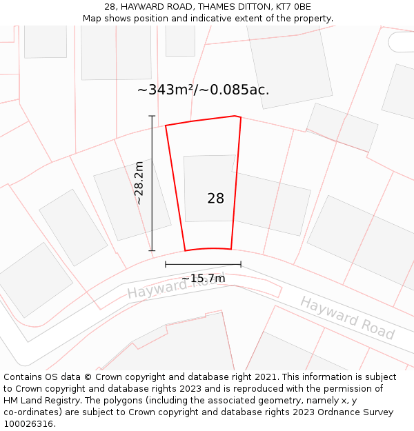 28, HAYWARD ROAD, THAMES DITTON, KT7 0BE: Plot and title map