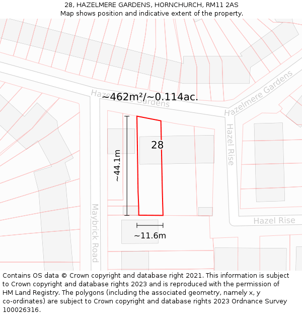 28, HAZELMERE GARDENS, HORNCHURCH, RM11 2AS: Plot and title map