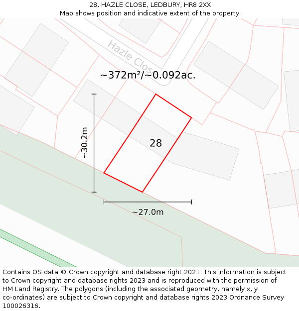 28, HAZLE CLOSE, LEDBURY, HR8 2XX: Plot and title map