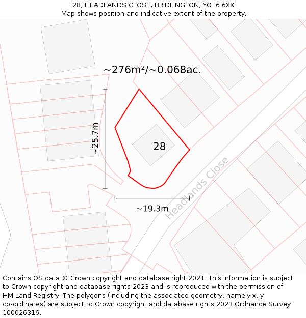 28, HEADLANDS CLOSE, BRIDLINGTON, YO16 6XX: Plot and title map