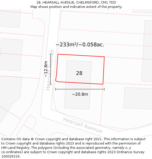 28, HEARSALL AVENUE, CHELMSFORD, CM1 7DD: Plot and title map