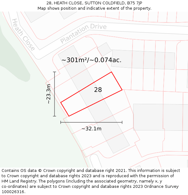 28, HEATH CLOSE, SUTTON COLDFIELD, B75 7JP: Plot and title map