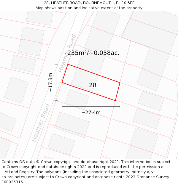 28, HEATHER ROAD, BOURNEMOUTH, BH10 5EE: Plot and title map