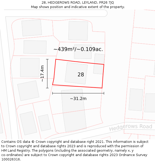 28, HEDGEROWS ROAD, LEYLAND, PR26 7JQ: Plot and title map