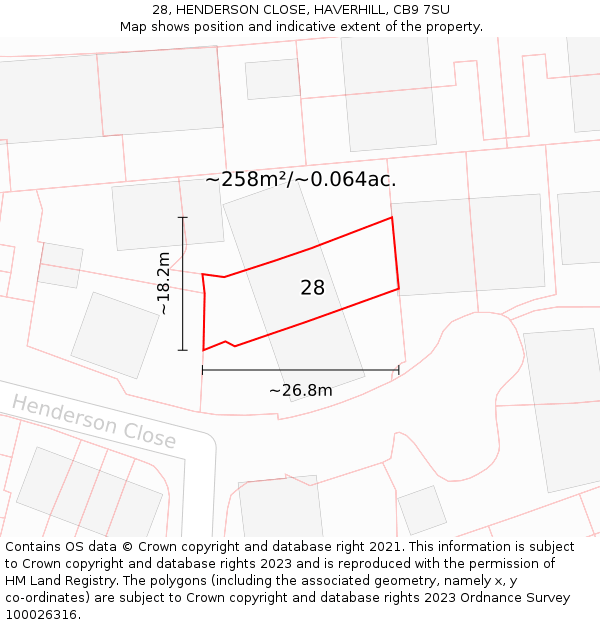 28, HENDERSON CLOSE, HAVERHILL, CB9 7SU: Plot and title map