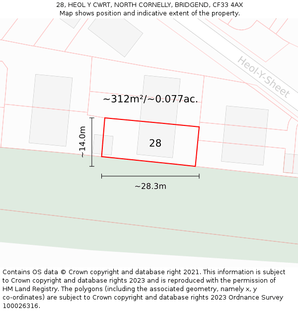 28, HEOL Y CWRT, NORTH CORNELLY, BRIDGEND, CF33 4AX: Plot and title map