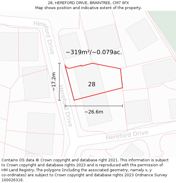 28, HEREFORD DRIVE, BRAINTREE, CM7 9FX: Plot and title map