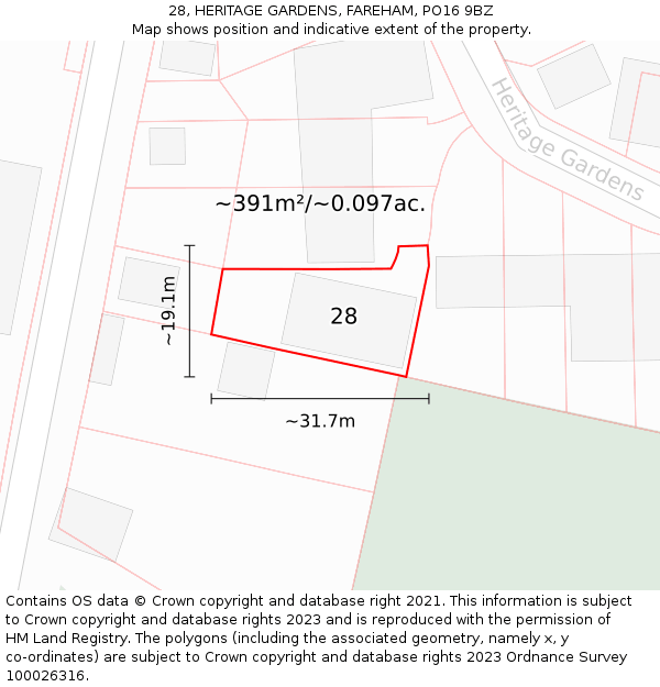 28, HERITAGE GARDENS, FAREHAM, PO16 9BZ: Plot and title map