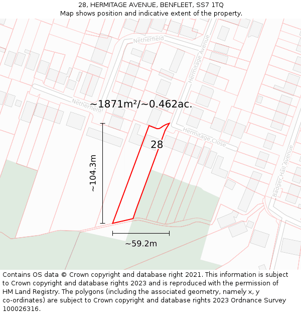 28, HERMITAGE AVENUE, BENFLEET, SS7 1TQ: Plot and title map