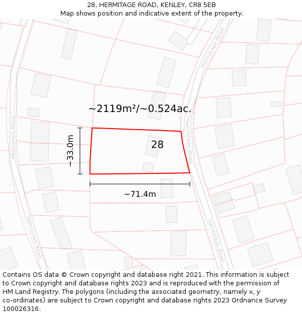 28, HERMITAGE ROAD, KENLEY, CR8 5EB: Plot and title map