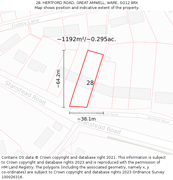 28, HERTFORD ROAD, GREAT AMWELL, WARE, SG12 9RX: Plot and title map