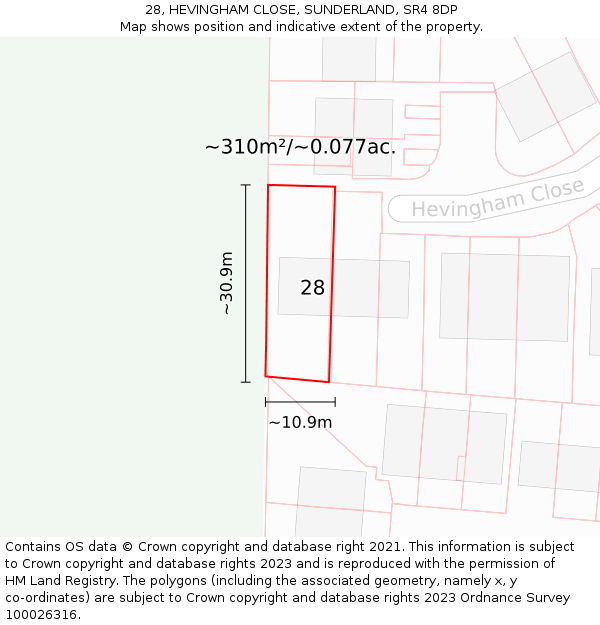 28, HEVINGHAM CLOSE, SUNDERLAND, SR4 8DP: Plot and title map