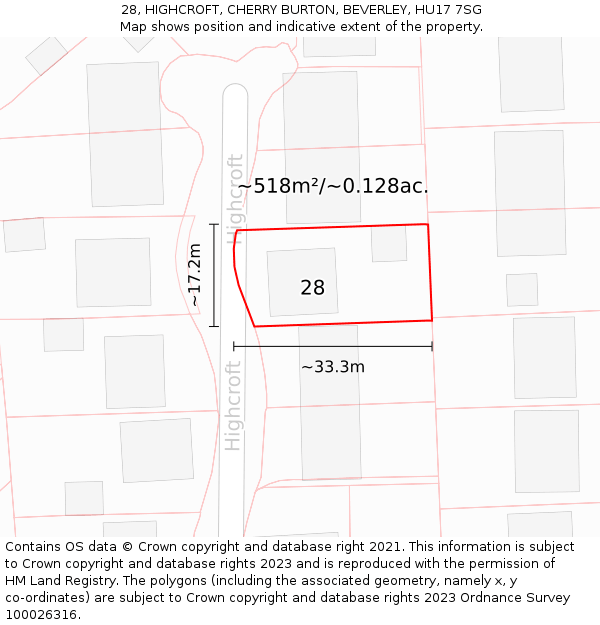 28, HIGHCROFT, CHERRY BURTON, BEVERLEY, HU17 7SG: Plot and title map