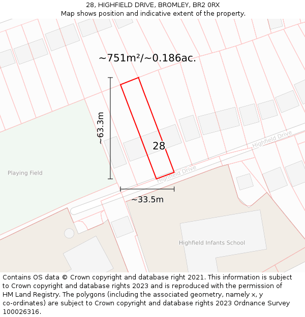 28, HIGHFIELD DRIVE, BROMLEY, BR2 0RX: Plot and title map