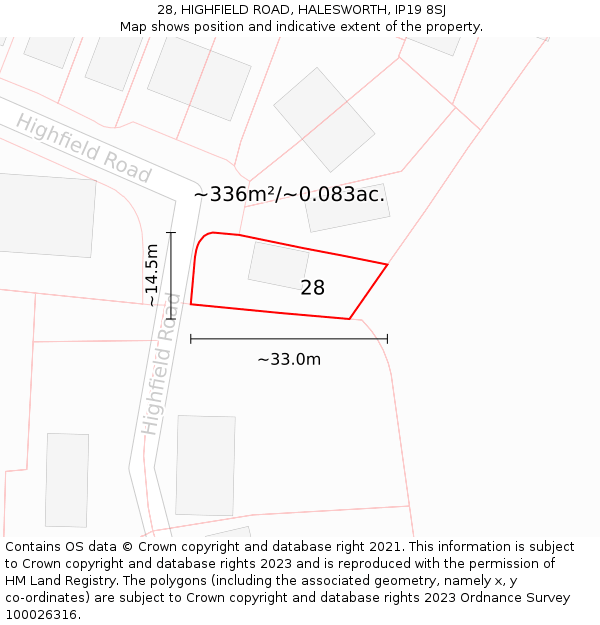 28, HIGHFIELD ROAD, HALESWORTH, IP19 8SJ: Plot and title map