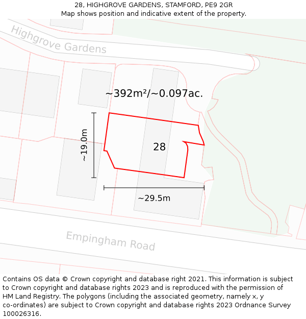 28, HIGHGROVE GARDENS, STAMFORD, PE9 2GR: Plot and title map