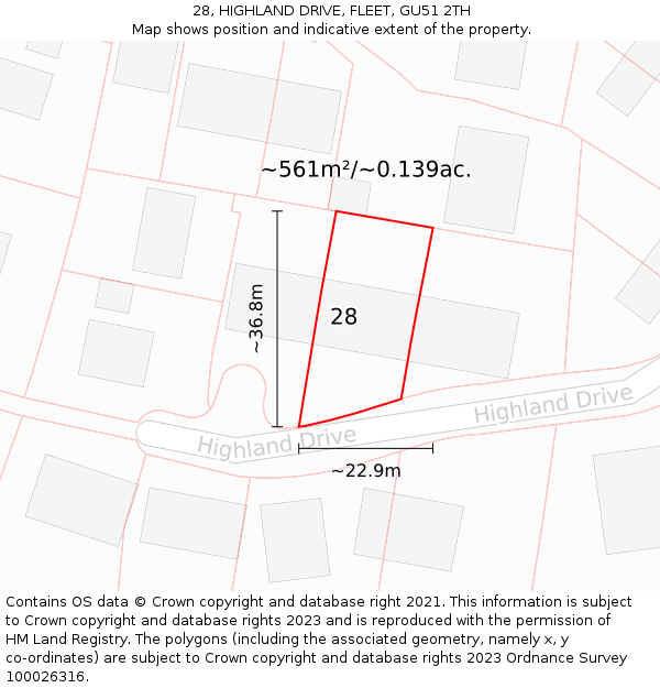 28, HIGHLAND DRIVE, FLEET, GU51 2TH: Plot and title map