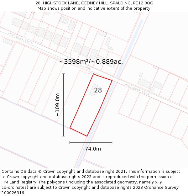 28, HIGHSTOCK LANE, GEDNEY HILL, SPALDING, PE12 0QG: Plot and title map