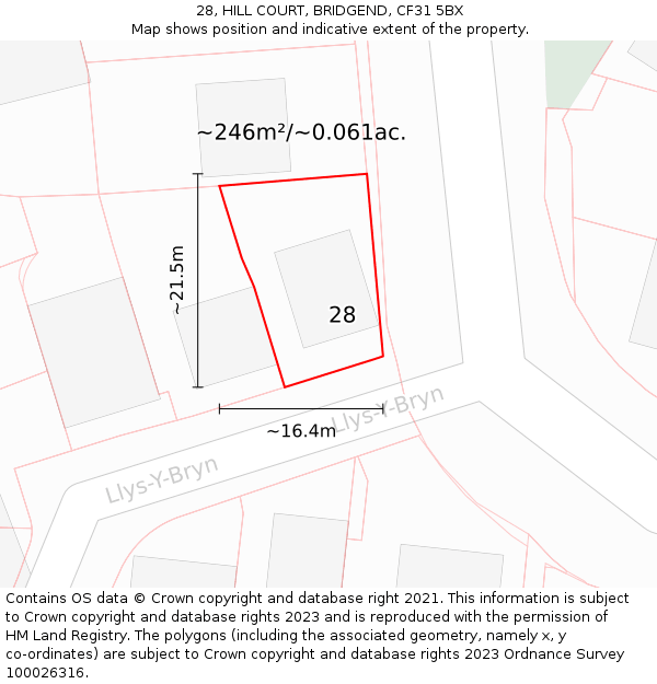 28, HILL COURT, BRIDGEND, CF31 5BX: Plot and title map