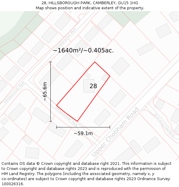 28, HILLSBOROUGH PARK, CAMBERLEY, GU15 1HG: Plot and title map