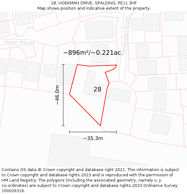 28, HOEKMAN DRIVE, SPALDING, PE11 3HF: Plot and title map