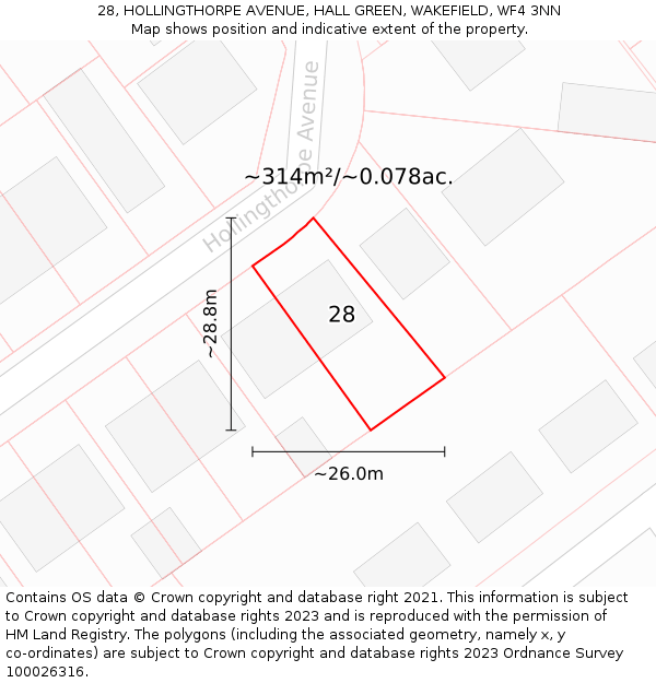 28, HOLLINGTHORPE AVENUE, HALL GREEN, WAKEFIELD, WF4 3NN: Plot and title map