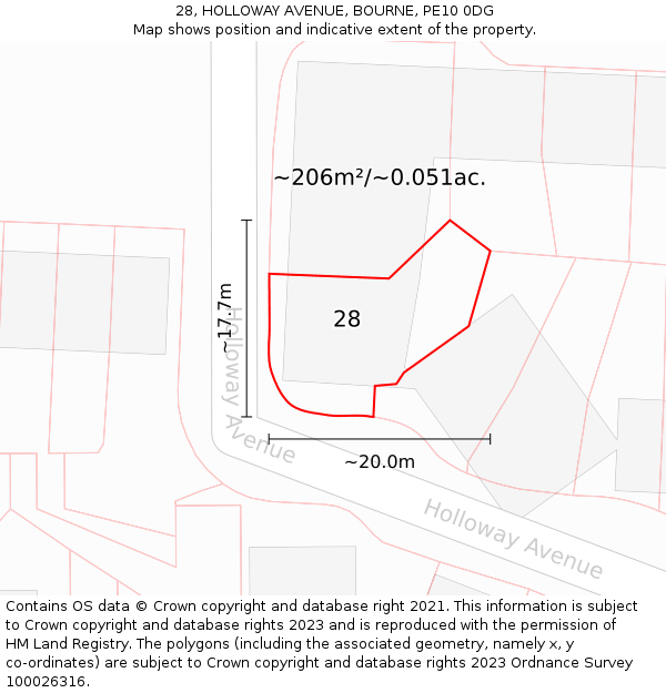 28, HOLLOWAY AVENUE, BOURNE, PE10 0DG: Plot and title map