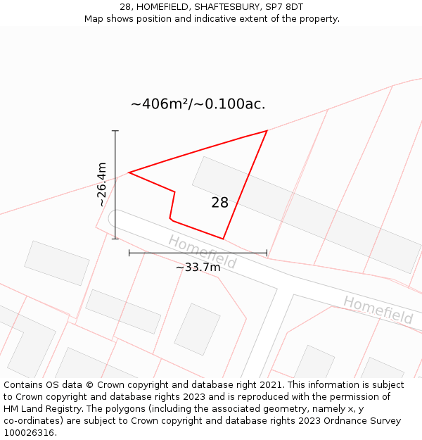 28, HOMEFIELD, SHAFTESBURY, SP7 8DT: Plot and title map