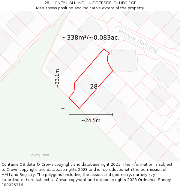 28, HONEY HALL ING, HUDDERSFIELD, HD2 1GP: Plot and title map